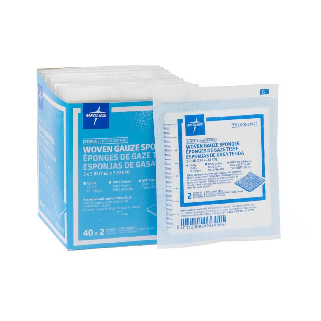 A box of Medline Sterile 100% Cotton Woven Gauze Sponges is shown with a single sterile packet in front. The blue and white box holds 40 packets, each containing two 3x3 inch woven cotton sponges.